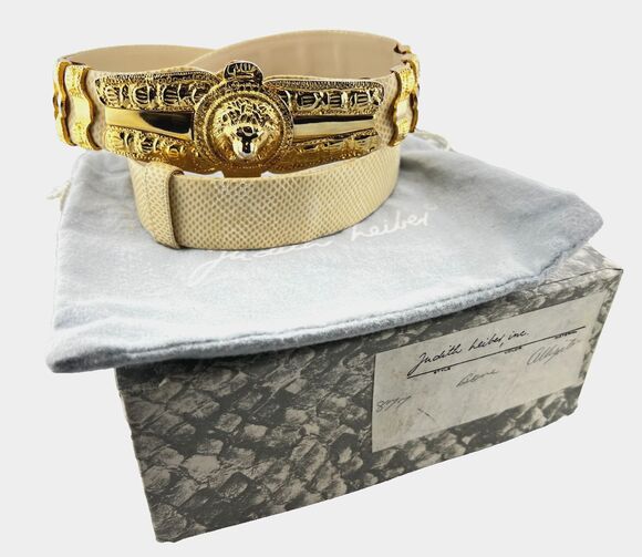 Vtg Judith Leiber Karung Snakeskin Leather Statement Belt Gold Lion Buckle w/Box main image 11